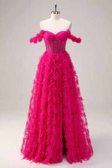 Fuchsia A-Line Off the Shoulder Corset Long Prom Dress with Beading